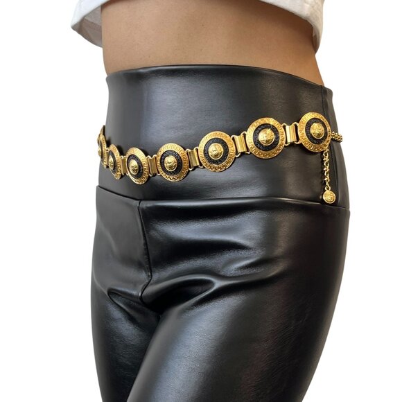 VERSACE Vintage Medusa Round Motif Logo Chain Belt Accessory Gold Black [106488] - Picture 1 of 13